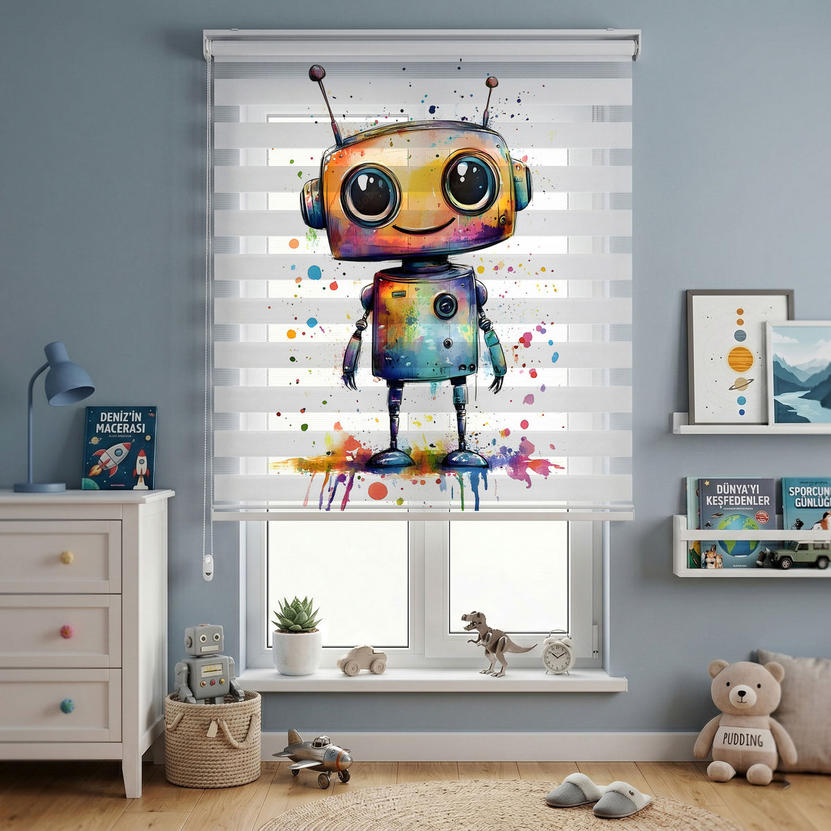 Renkli Boya Sıçramalı Sevimli Robot Zebra Stor Perde – ürün görseli 2