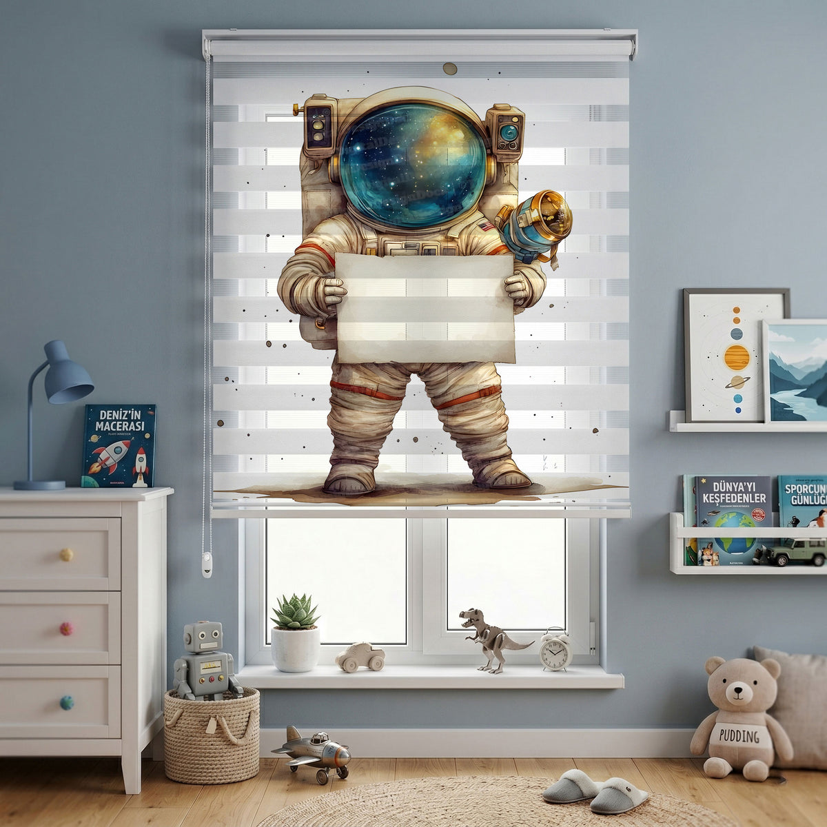 Bej Uzay Giysili Astronot Galaksi Miğferi Zebra Stor Perde – ürün görseli 2