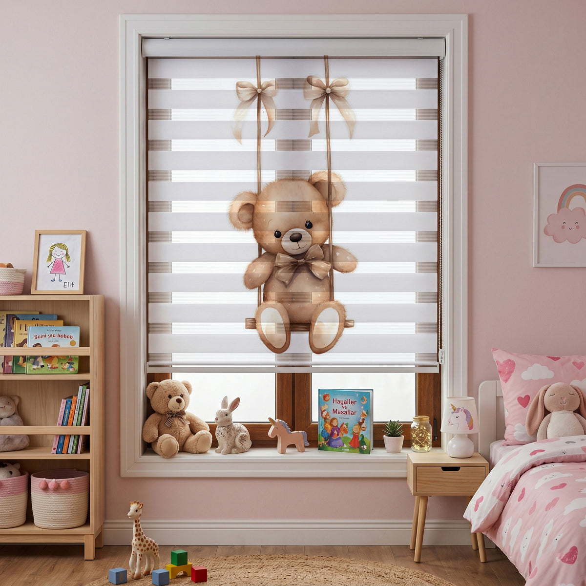 Salıncakta Sallanan Sevimli Ayıcık Zebra Stor Perde – ürün görseli 6