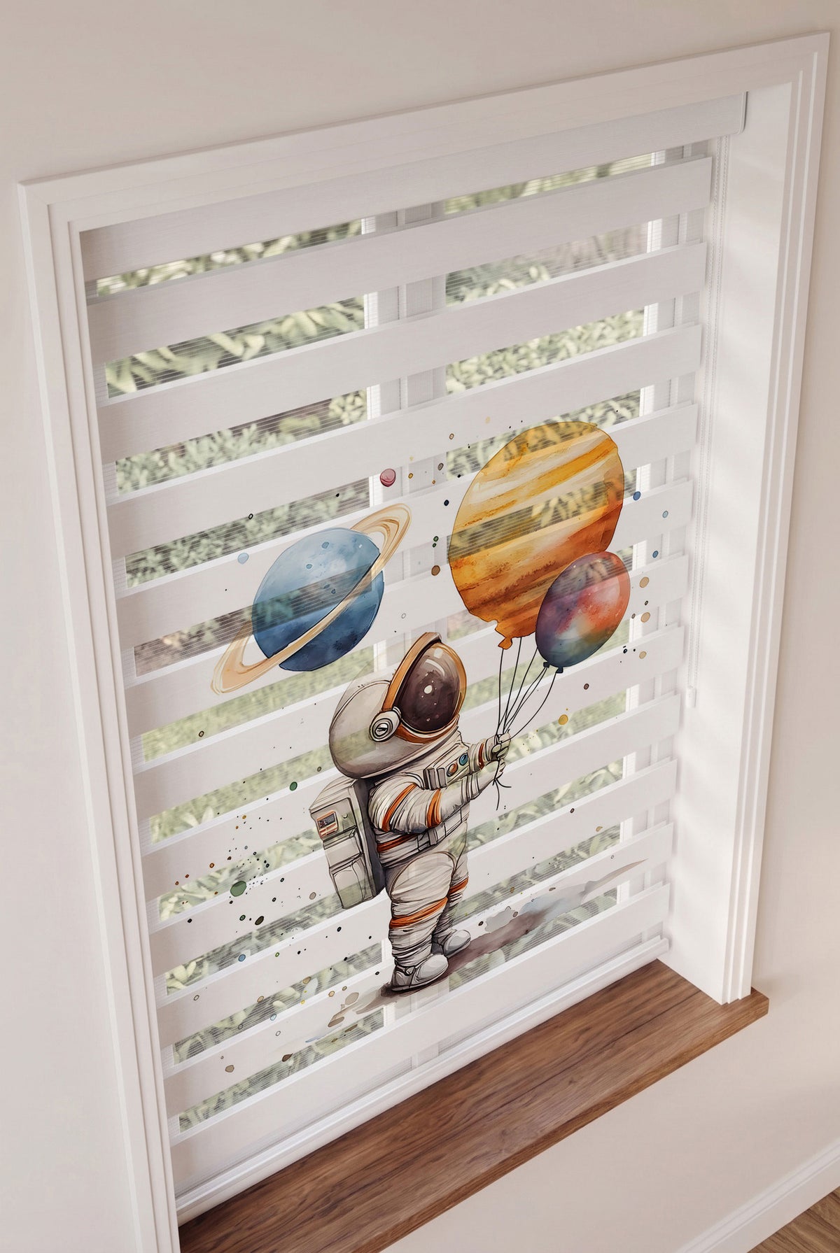 Gezegen Balonlu Astronot Suluboya Beyaz Zebra Stor Perde – ürün görseli 3
