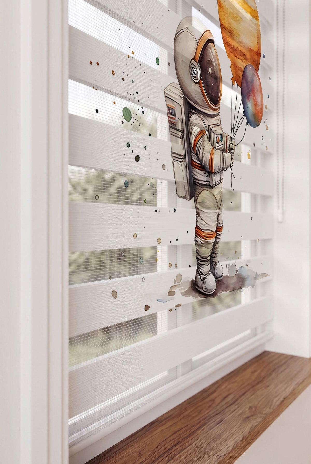 Gezegen Balonlu Astronot Suluboya Beyaz Zebra Stor Perde – ürün görseli 4