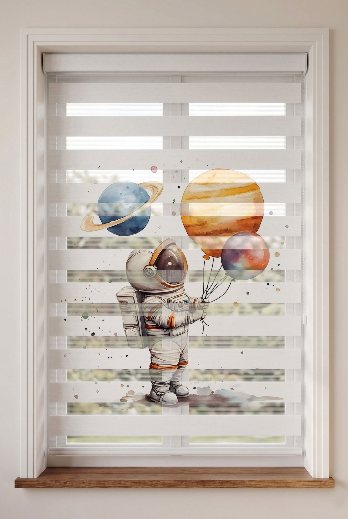 Gezegen Balonlu Astronot Suluboya Beyaz Zebra Stor Perde – ürün görseli 5
