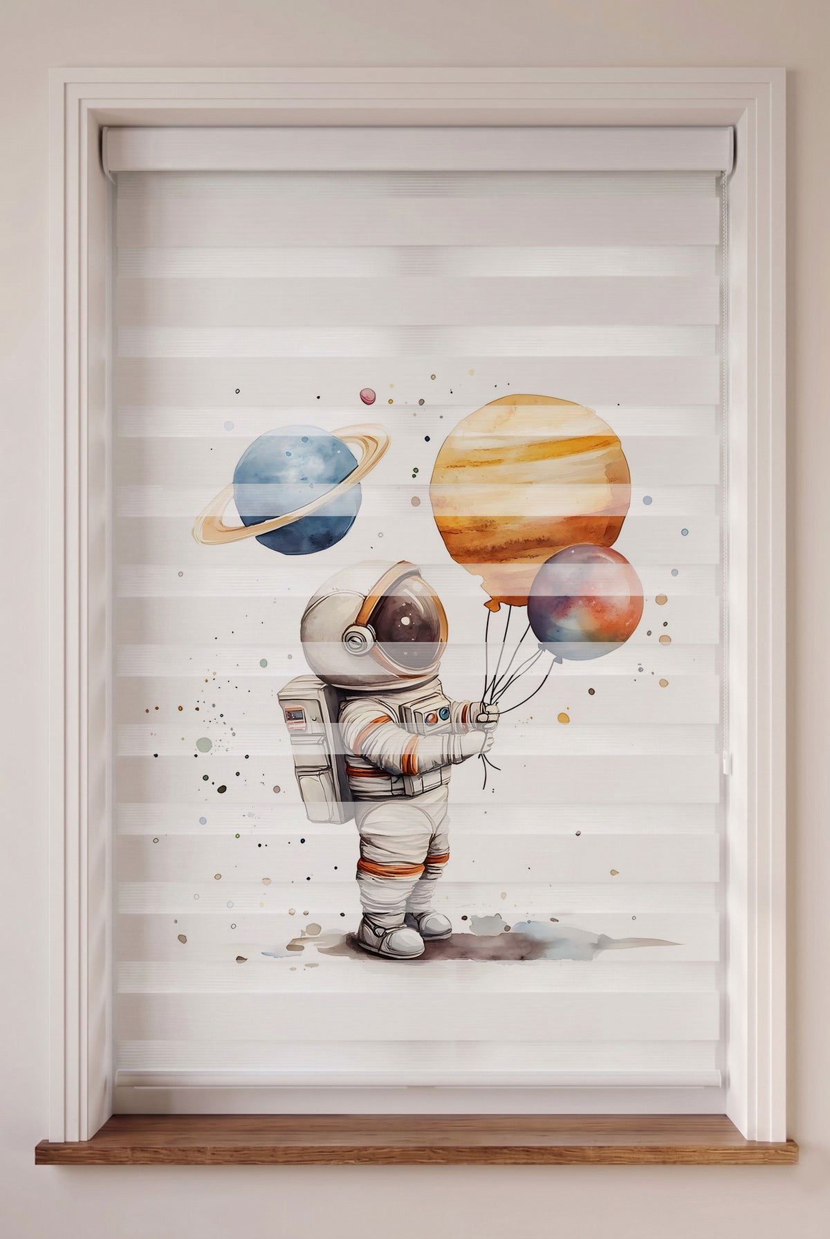 Gezegen Balonlu Astronot Suluboya Beyaz Zebra Stor Perde – ürün görseli 6
