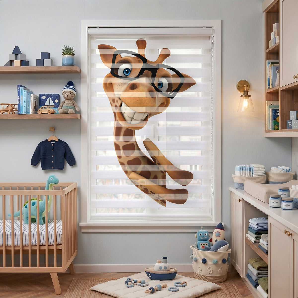Siyah Gözlüklü Komik Zürafa Çocuk Odası Zebra Stor Perde