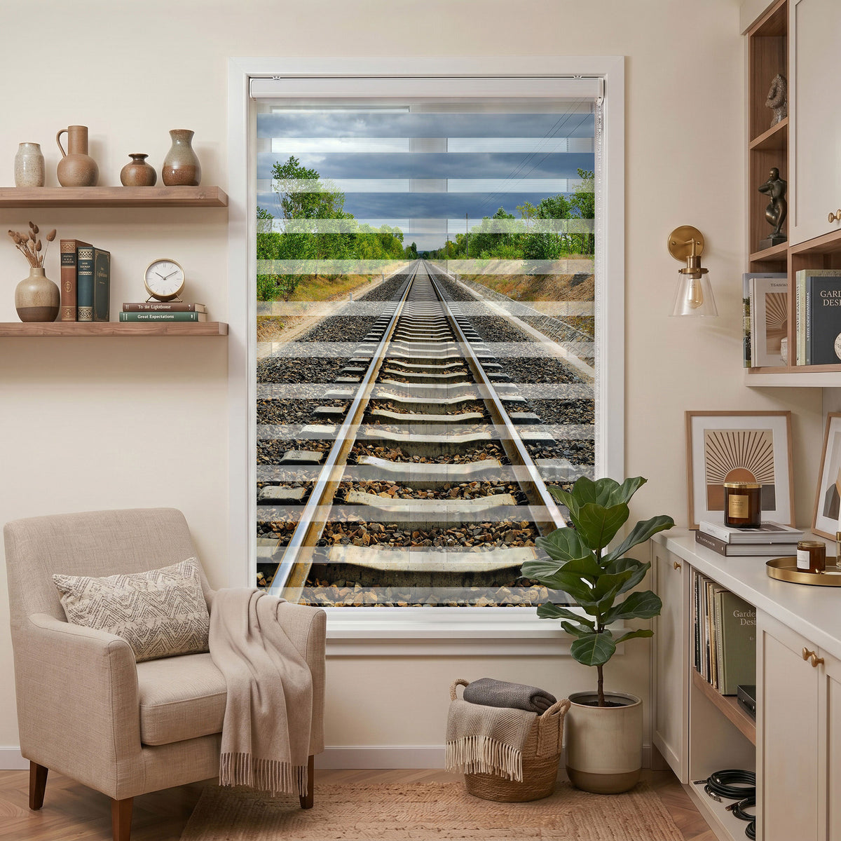 Ufka Uzanan Tren Rayları Manzaralı Salon Zebra Stor Perde