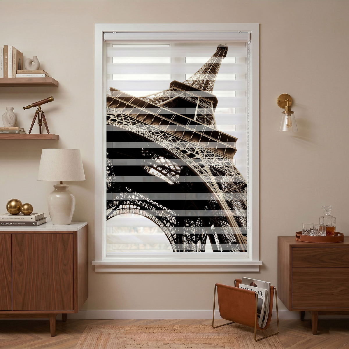 Sepya Tonlu Eyfel Kulesi Perspektifi Ofis Zebra Stor Perde