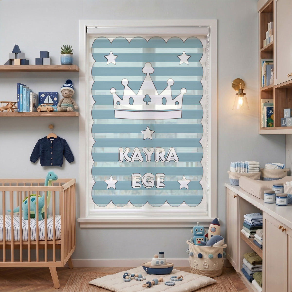 İki İsme Özel Taç ve Yıldızlar Bebek Odası Zebra Stor Perde