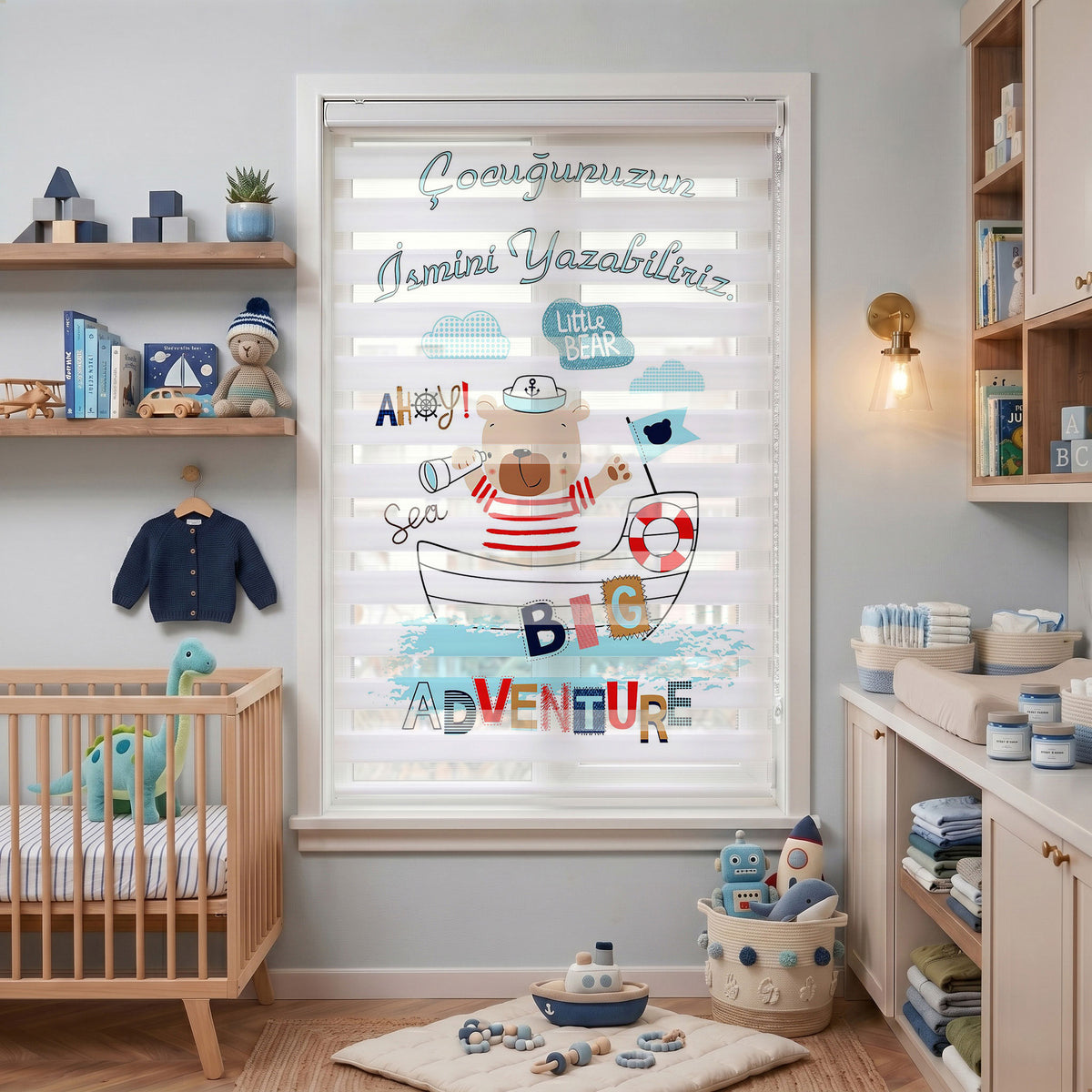Denizci Çocuk İsimli Bebek Odası Zebra Stor Perde