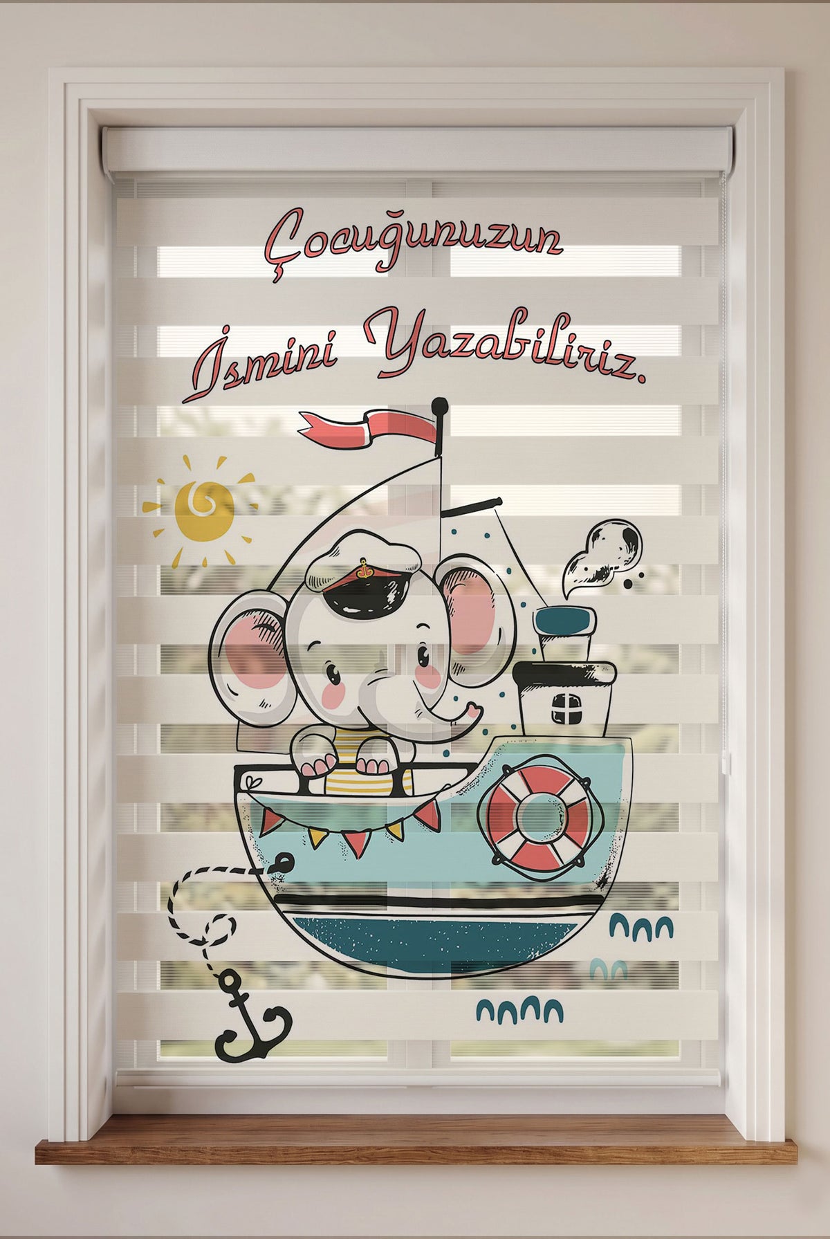 İsme Özel Gemideki Denizci Fil Bebek Odası Zebra Stor Perde – ürün görseli 3