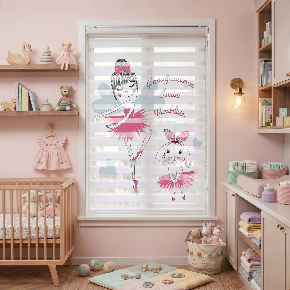 Pembe Balerin Tavşan Bebek Odası Zebra Stor Perde