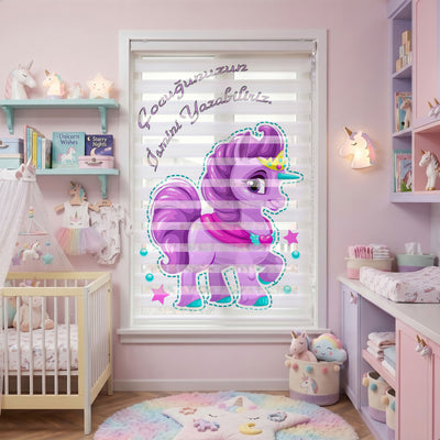 İsme Özel Taçlı Mor Midilli Çocuk Odası Zebra Stor Perde