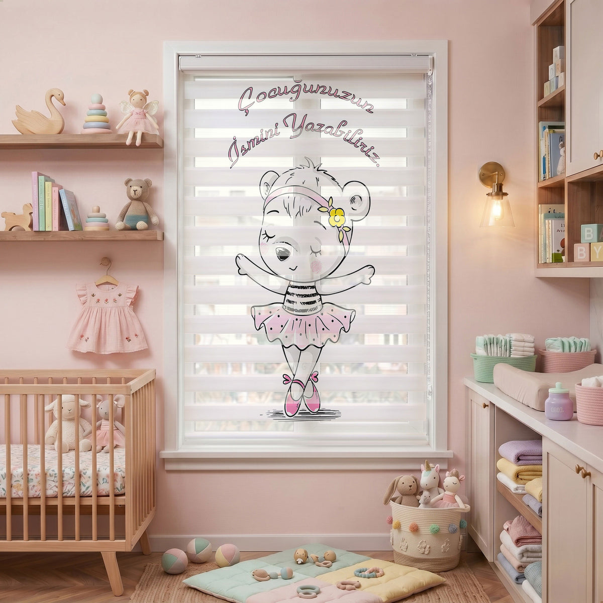Pembe İsme Özel Balerin Ayıcık Bebek Odası Zebra Stor Perde