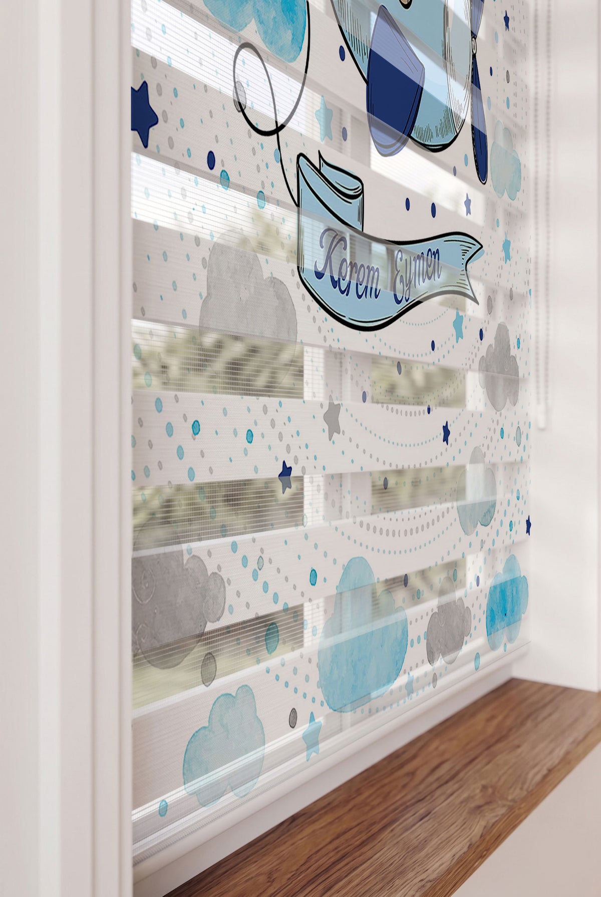 İki İsme Özel Uçaklı Ayıcık Bebek Odası Zebra Stor Perde – ürün görseli 4