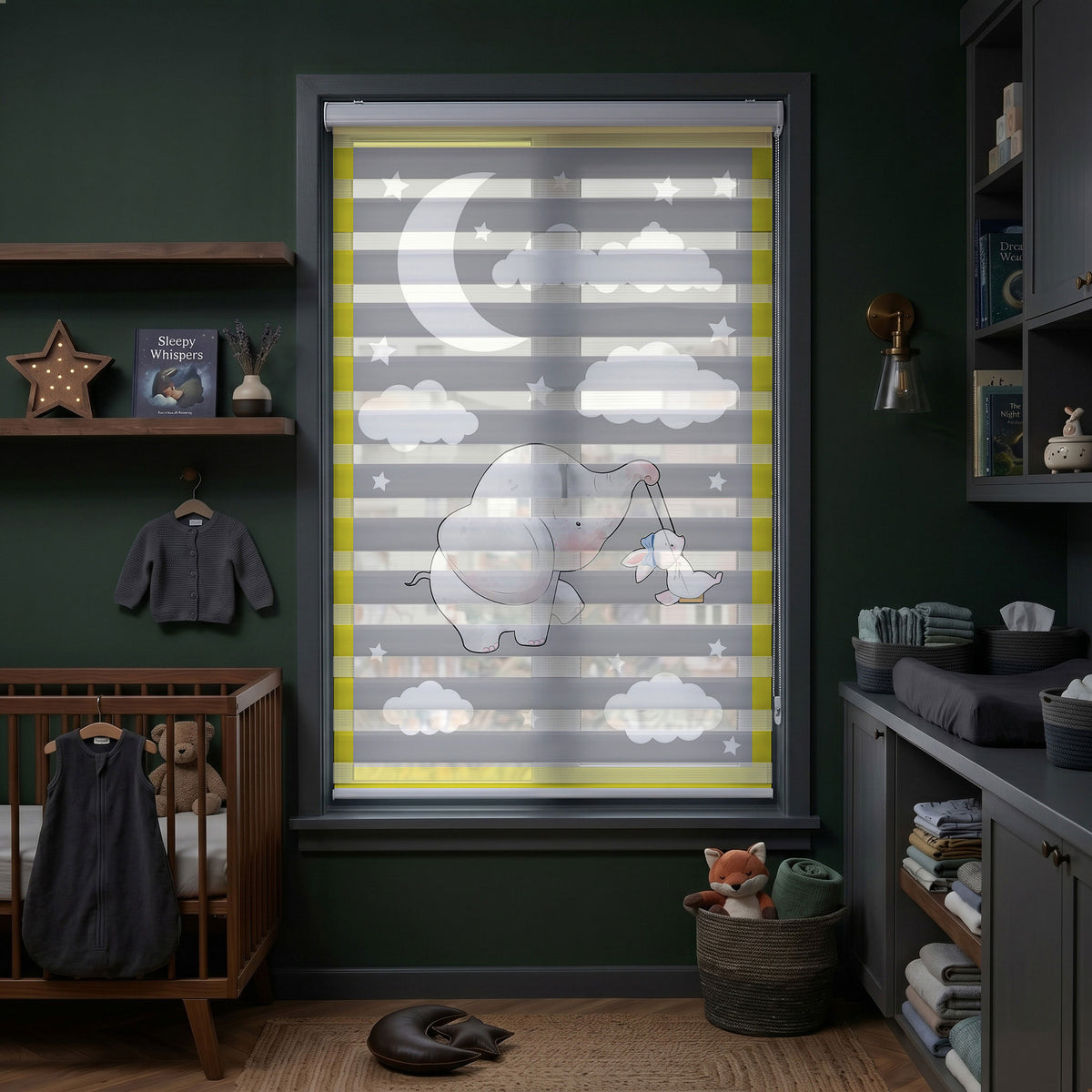 Gri Fil ve Bulutlar Bebek Odası Zebra Stor Perde