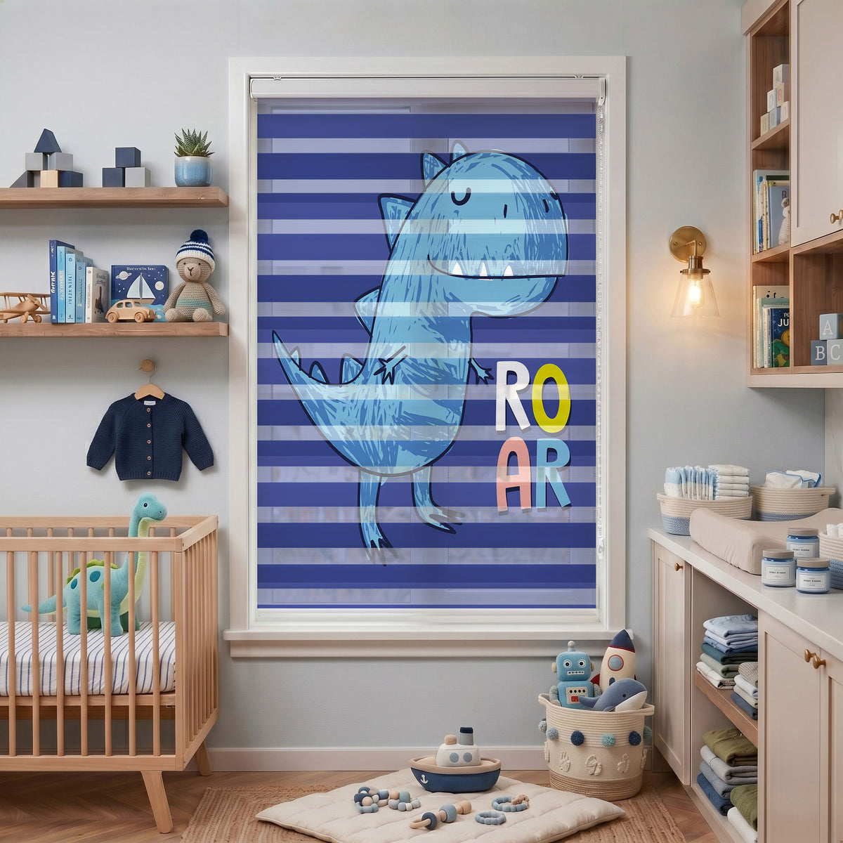 Çizgili Fonda Mavi Dinozor Çocuk Odası Zebra Stor Perde
