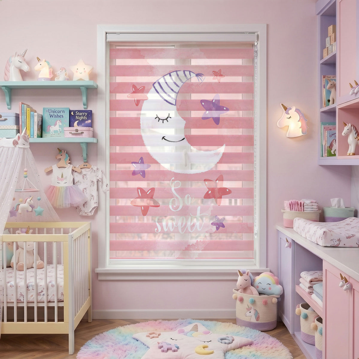 Uyuyan Ay ve Pembe Yıldızlar Bebek Odası Zebra Stor Perde