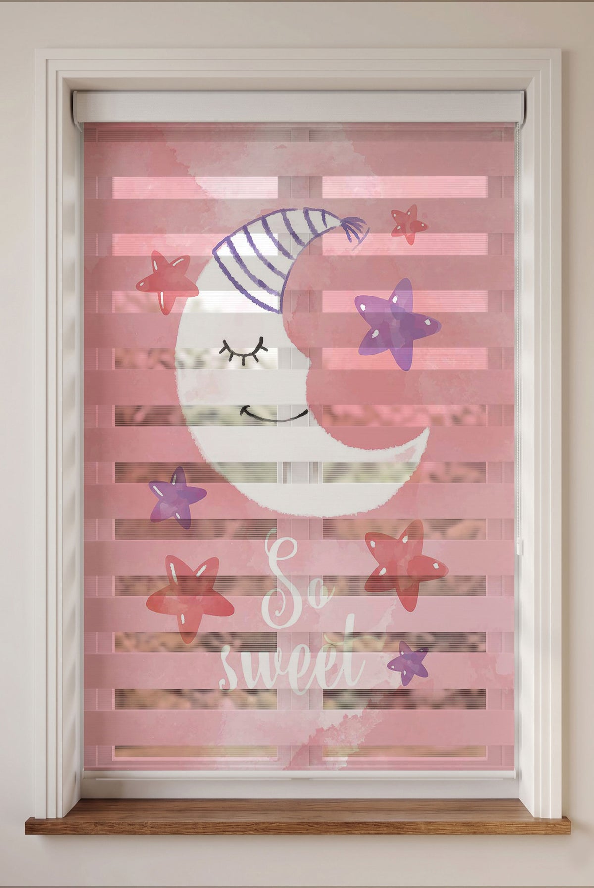 Uyuyan Ay ve Pembe Yıldızlar Bebek Odası Zebra Stor Perde – ürün görseli 3