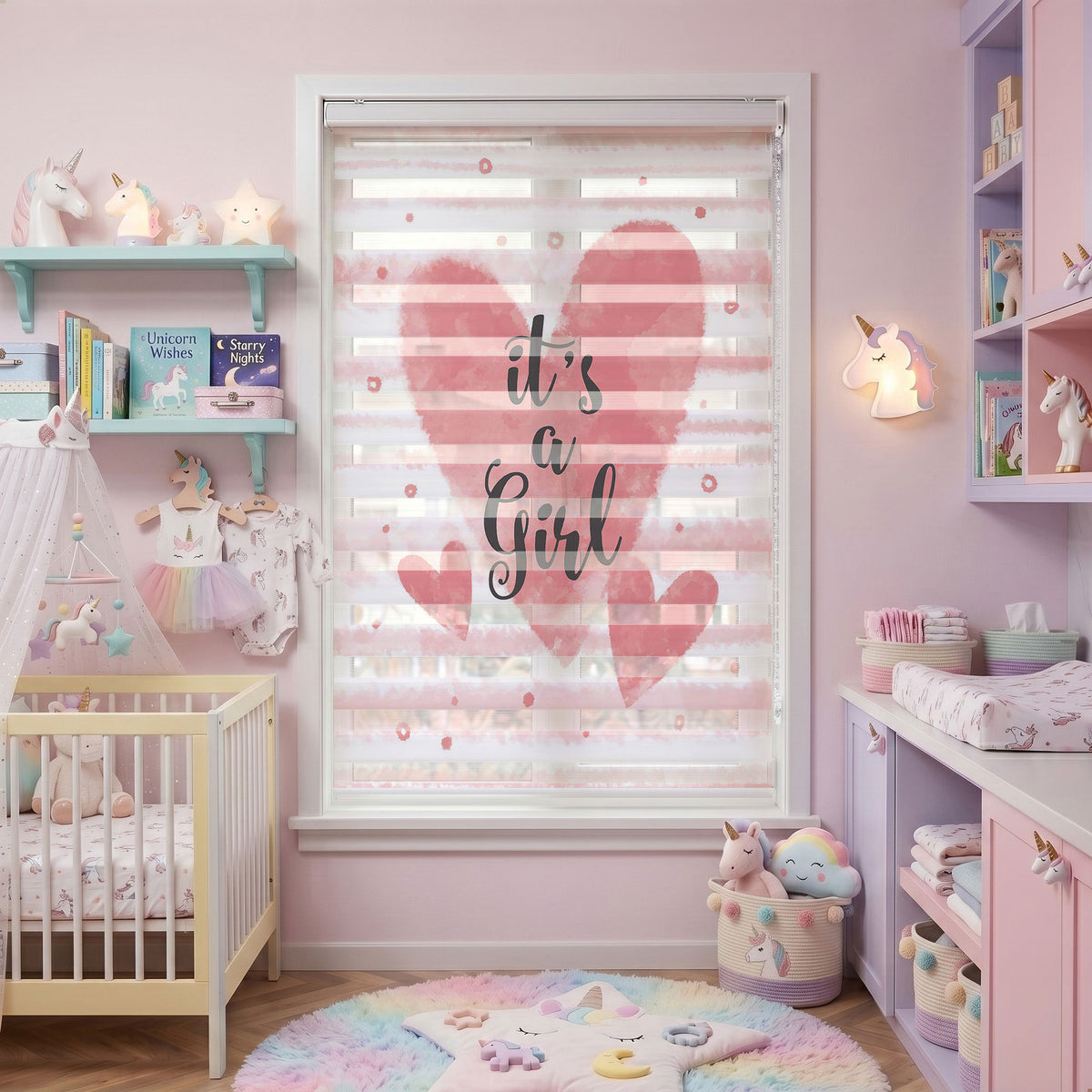 Kalp Kız Bebek Odası Zebra Stor Perde