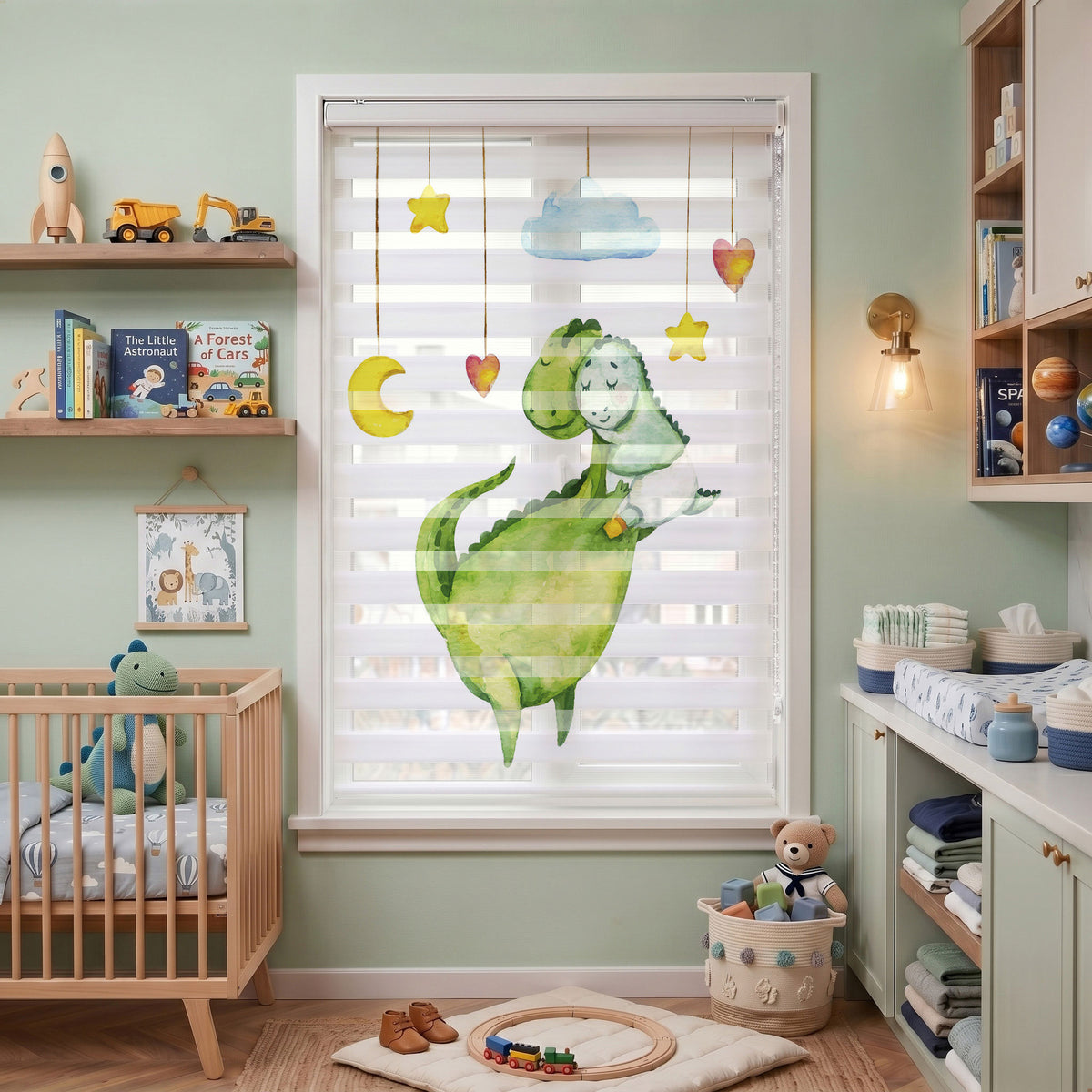 Anneye Sarılan Yavru Dinozor Bebek Odası Zebra Stor Perde
