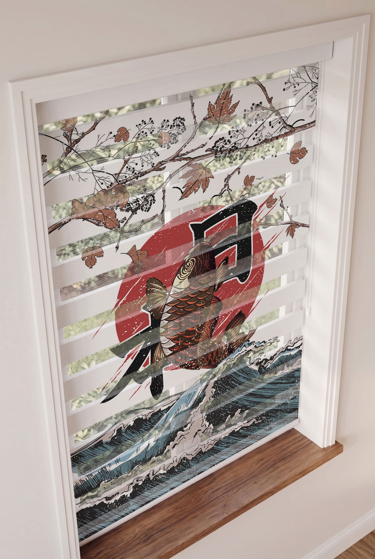 Japon Balığı Dalgalar ve Kırmızı Güneş Zebra Stor Perde – ürün görseli 2