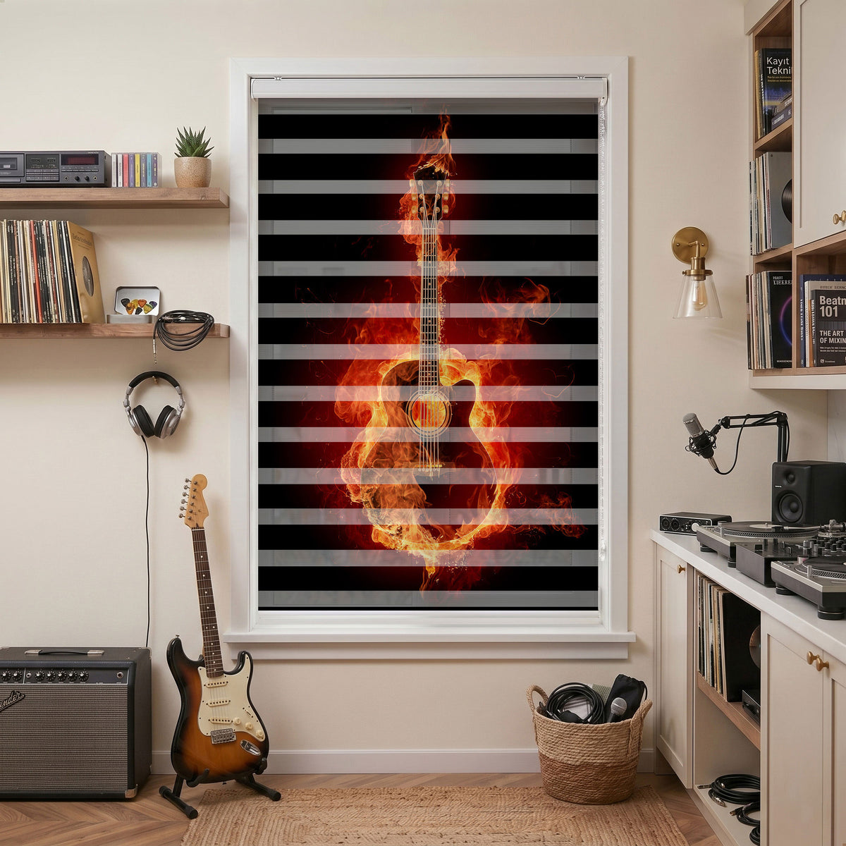 Siyah Alevler İçinde Yanan Gitar Genç Odası Zebra Stor Perde