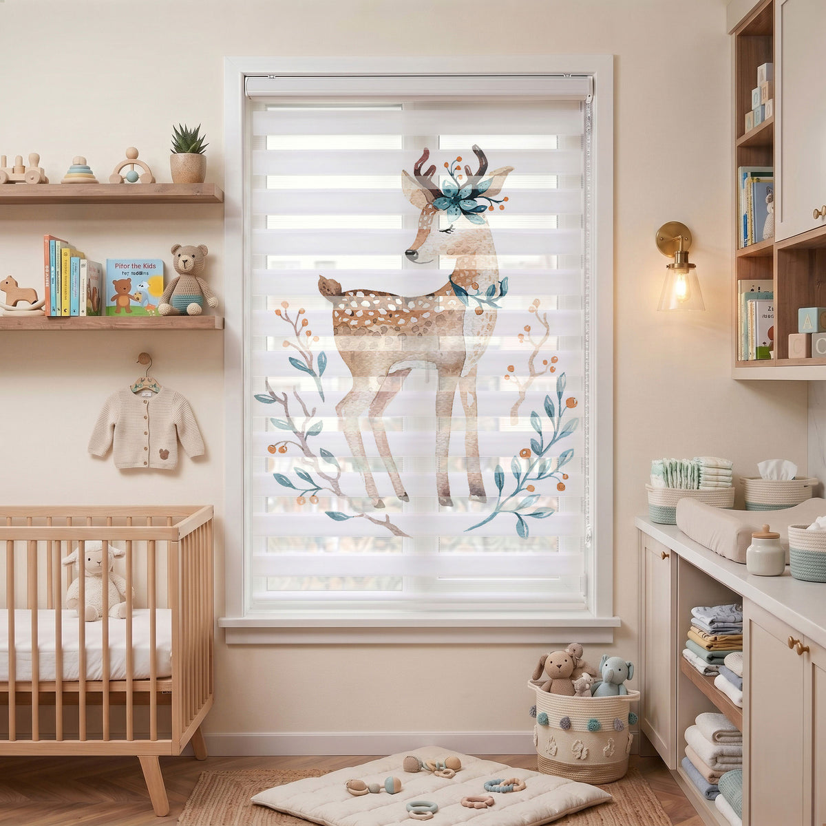 Bej Çiçek Taçlı Sevimli Geyik Bebek Odası Zebra Stor Perde