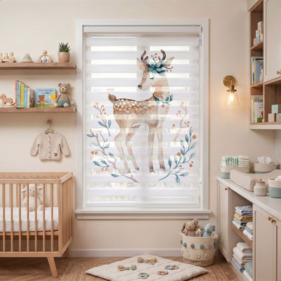 Bej Çiçek Taçlı Sevimli Geyik Bebek Odası Zebra Stor Perde