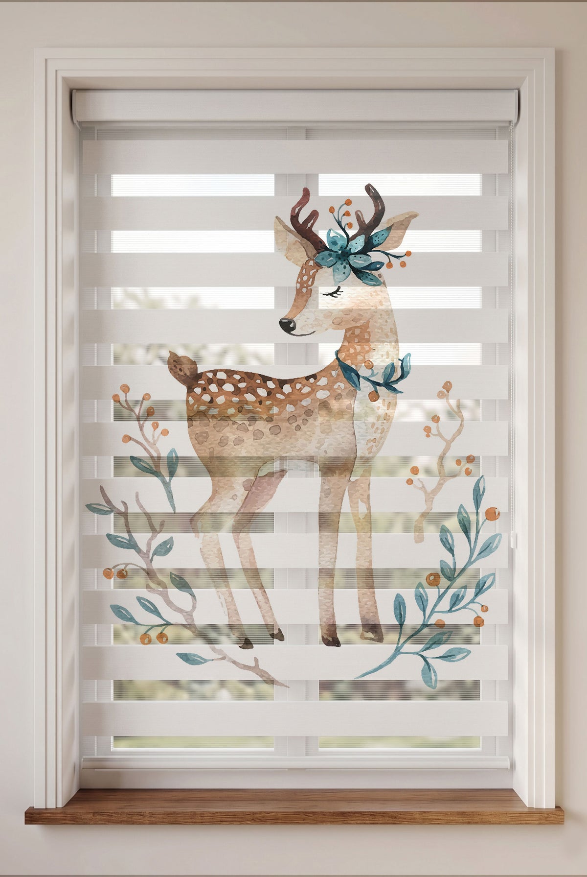 Bej Çiçek Taçlı Sevimli Geyik Bebek Odası Zebra Stor Perde – ürün görseli 3