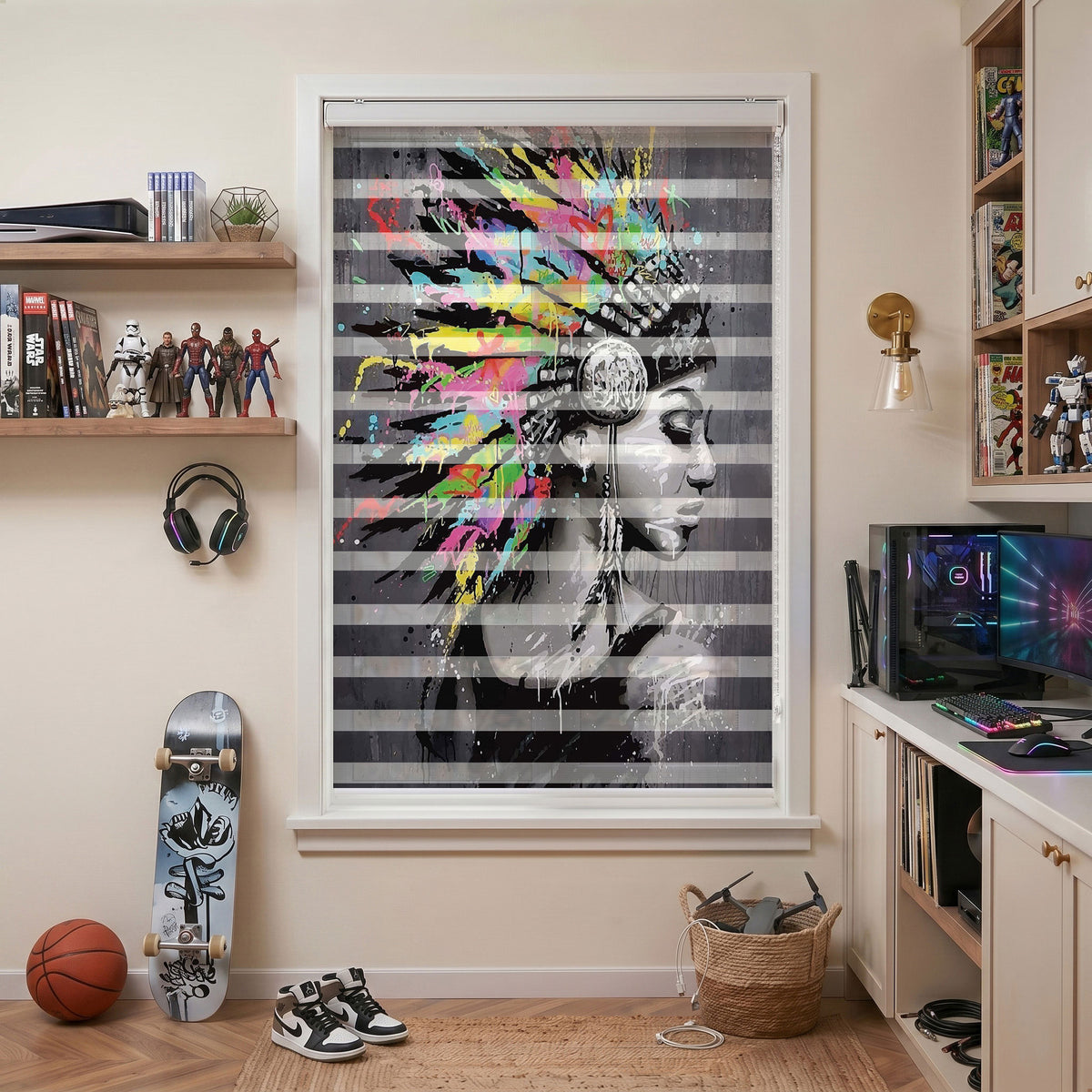 Tüy Başlıklı Kadın Portresi Genç Odası Zebra Stor Perde