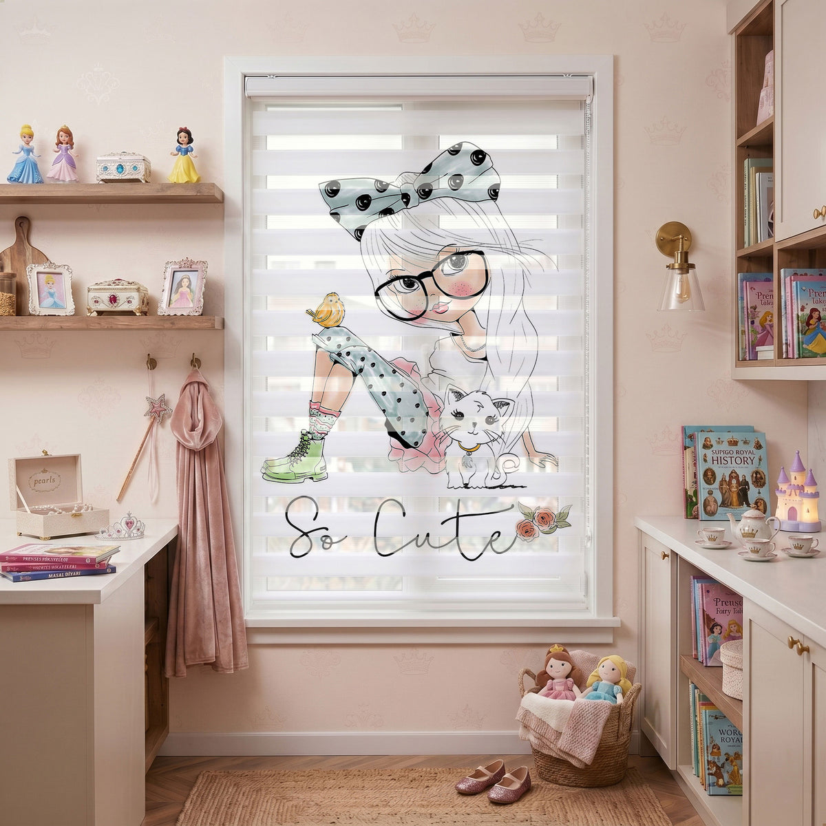 So Cute Gözlüklü Kız ve Kedisi Çocuk Odası Zebra Stor Perde