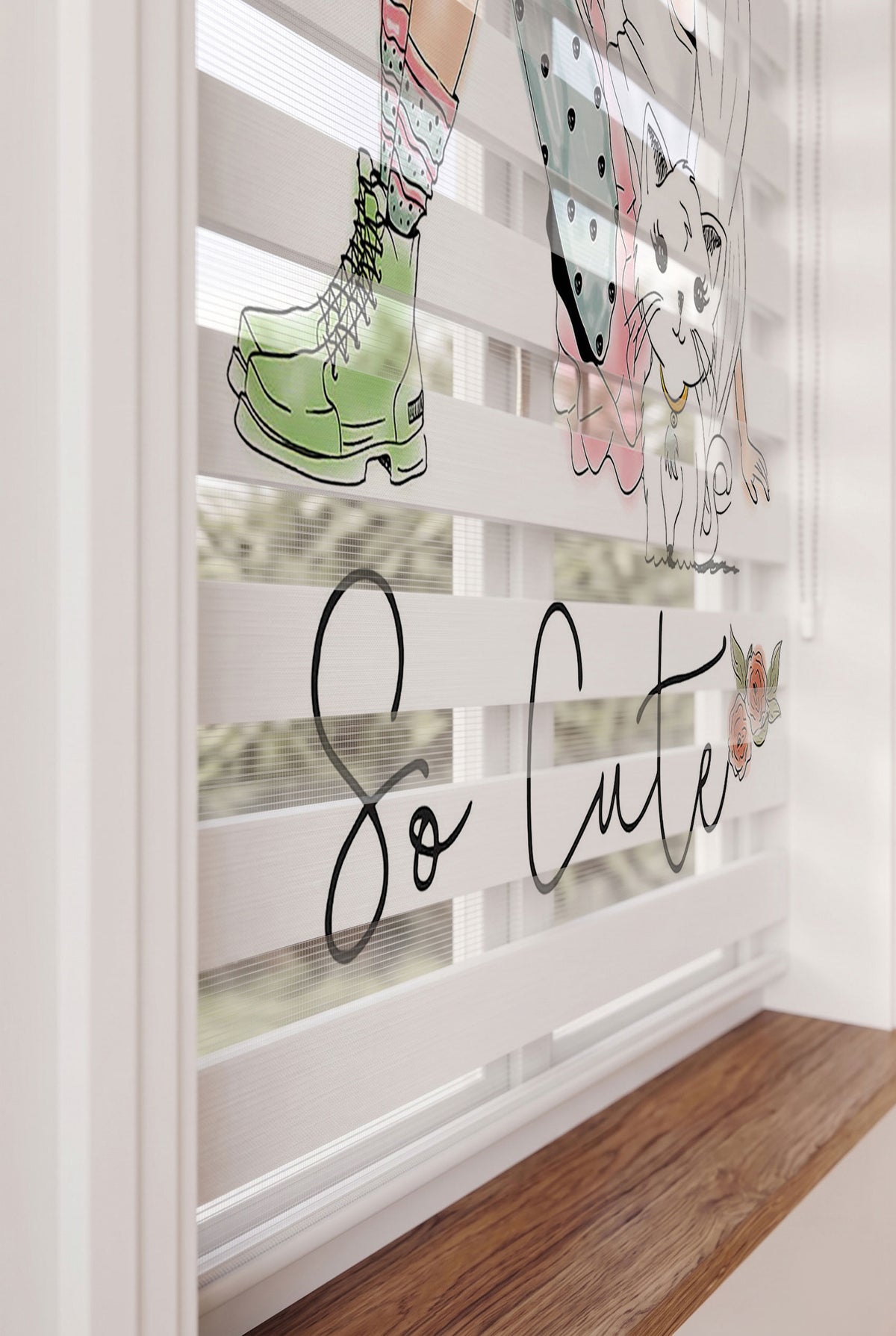So Cute Gözlüklü Kız ve Kedisi Çocuk Odası Zebra Stor Perde – ürün görseli 4