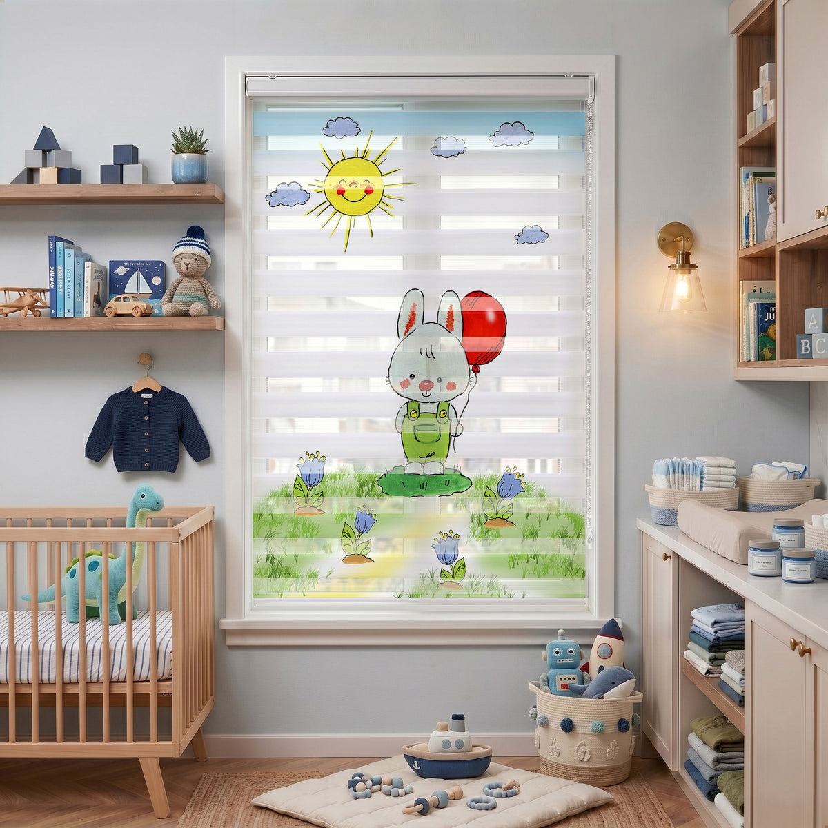 Kırmızı Balonlu Tulumlu Tavşan Bebek Odası Zebra Stor Perde
