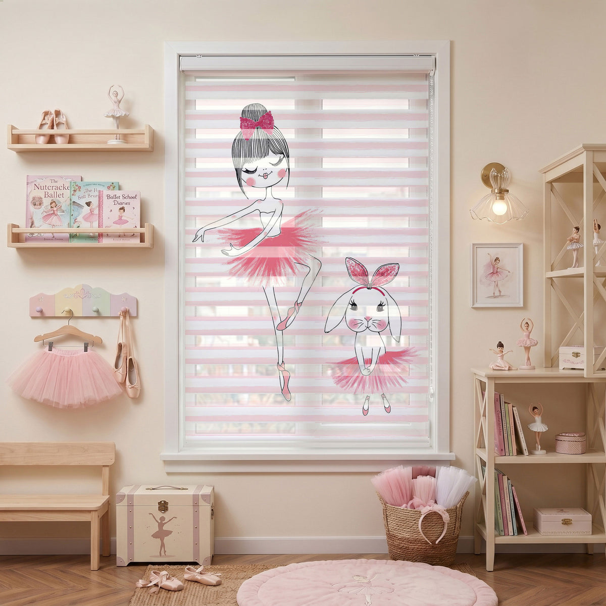 Pembe Çizgili Balerin ve Tavşan Çocuk Odası Zebra Stor Perde