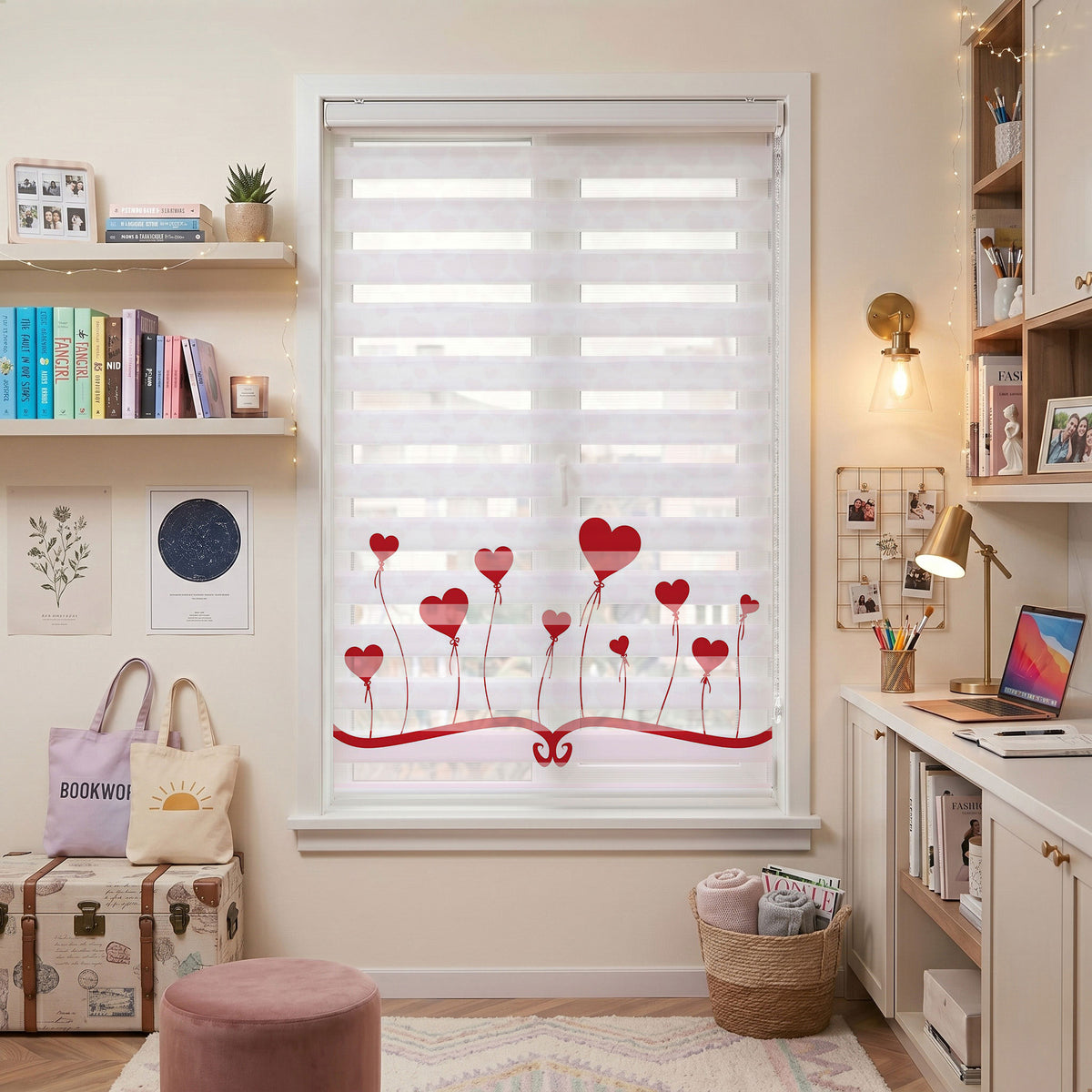 Kırmızı Kalpler Bebek Odası Zebra Stor Perde