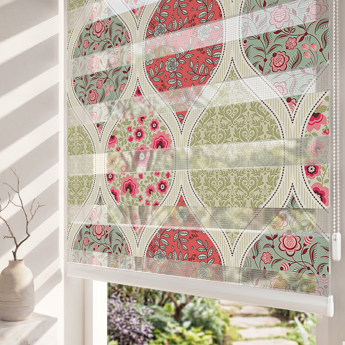 Damask Çerçeveli Çiçekli Kumaş Deseni Salon Zebra Stor Perde