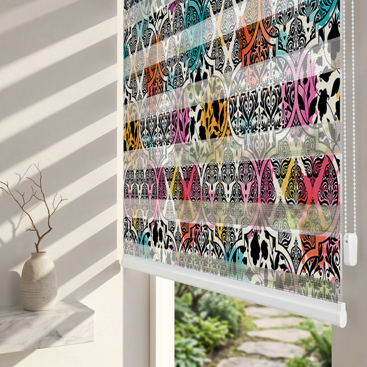 Siyah Damask Motifli Renkli Sulu Boya Salon Zebra Stor Perde – ürün görseli 2