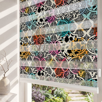 Siyah Damask Motifli Renkli Sulu Boya Salon Zebra Stor Perde