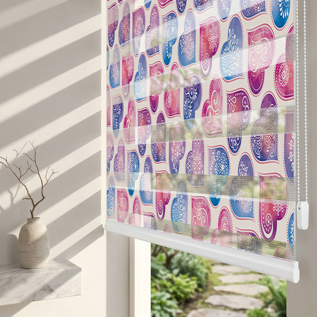 Mor Pembe Dantelli Kalp Deseni Genç Odası Zebra Stor Perde – ürün görseli 2