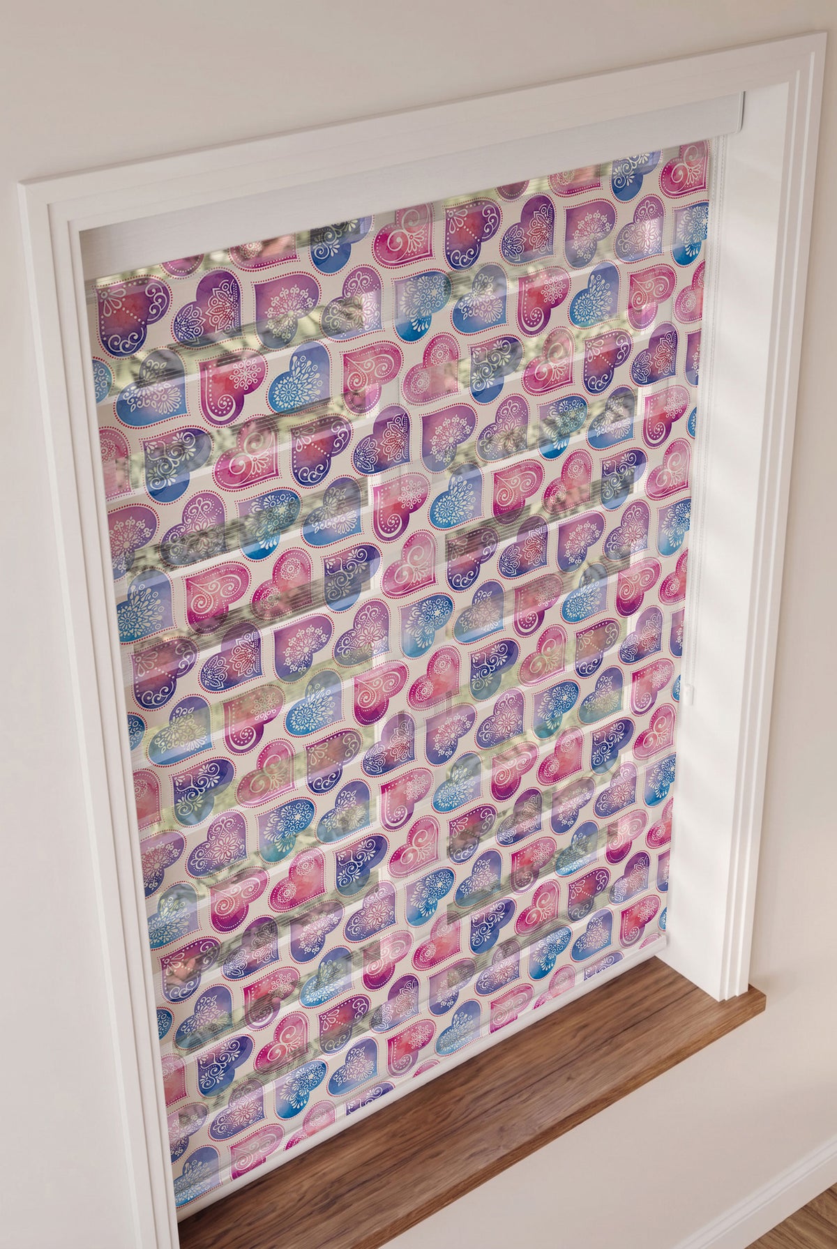 Mor Pembe Dantelli Kalp Deseni Genç Odası Zebra Stor Perde – ürün görseli 3
