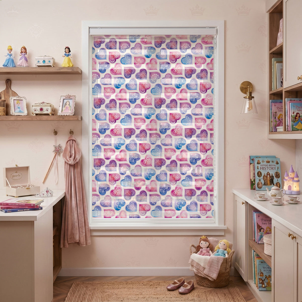 Mor Pembe Dantelli Kalp Deseni Genç Odası Zebra Stor Perde – ürün görseli 7