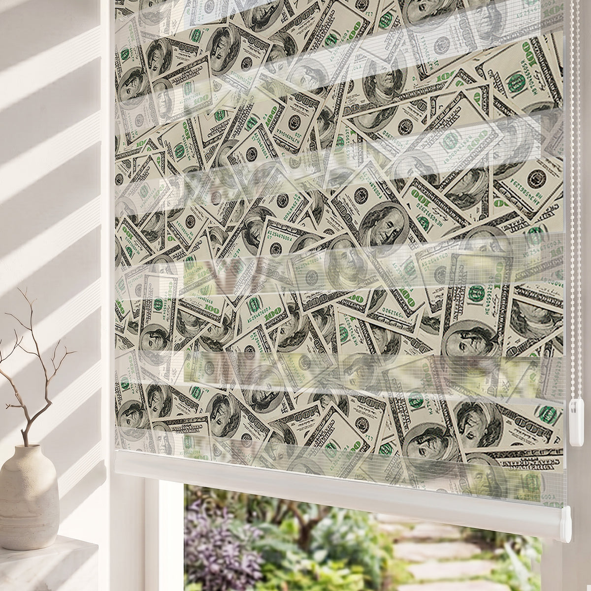 Yeşil Dolar Banknotları Yığını Deseni Ofis Zebra Stor Perde