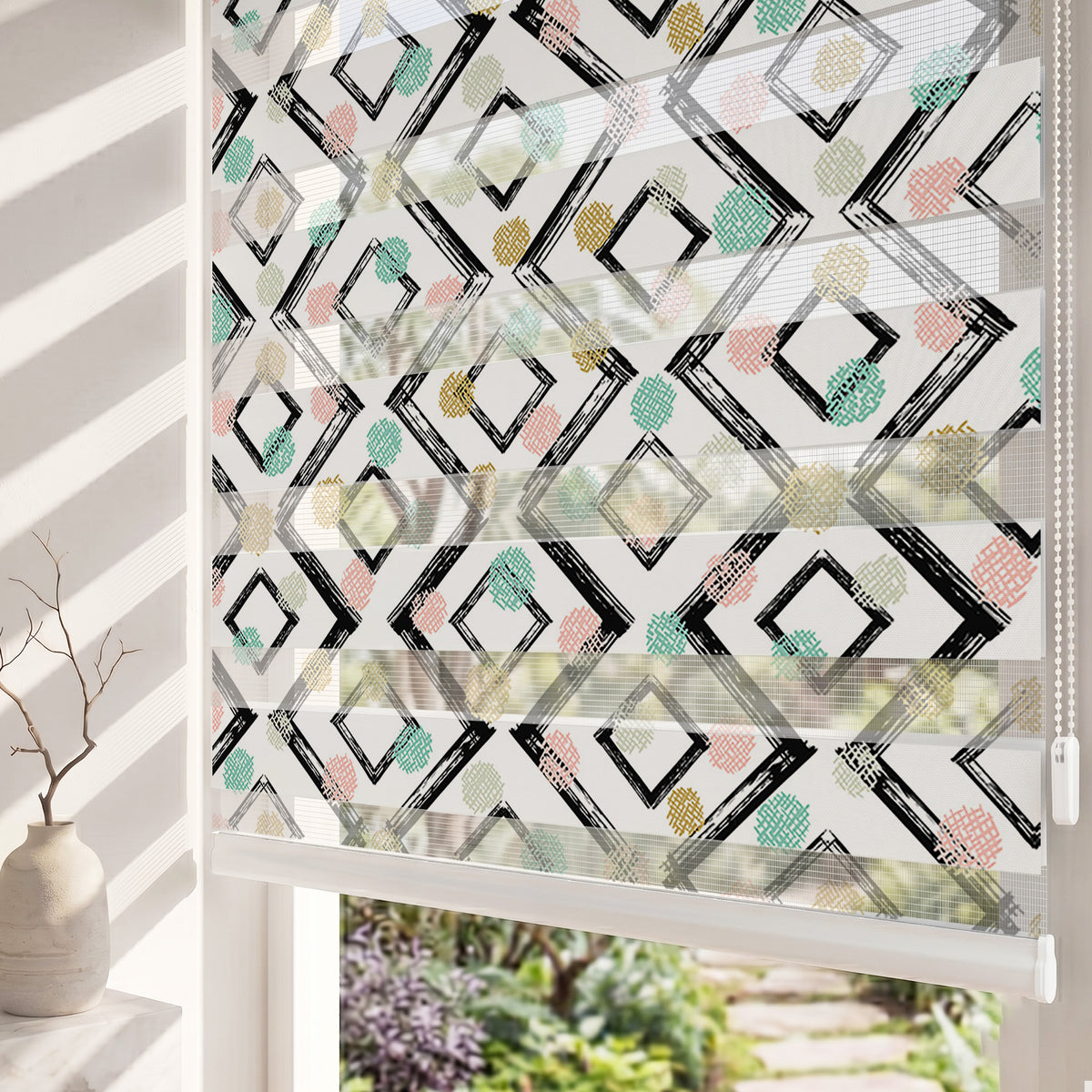 Fırça Darbeli Geometrik Şekiller Genç Odası Zebra Stor Perde
