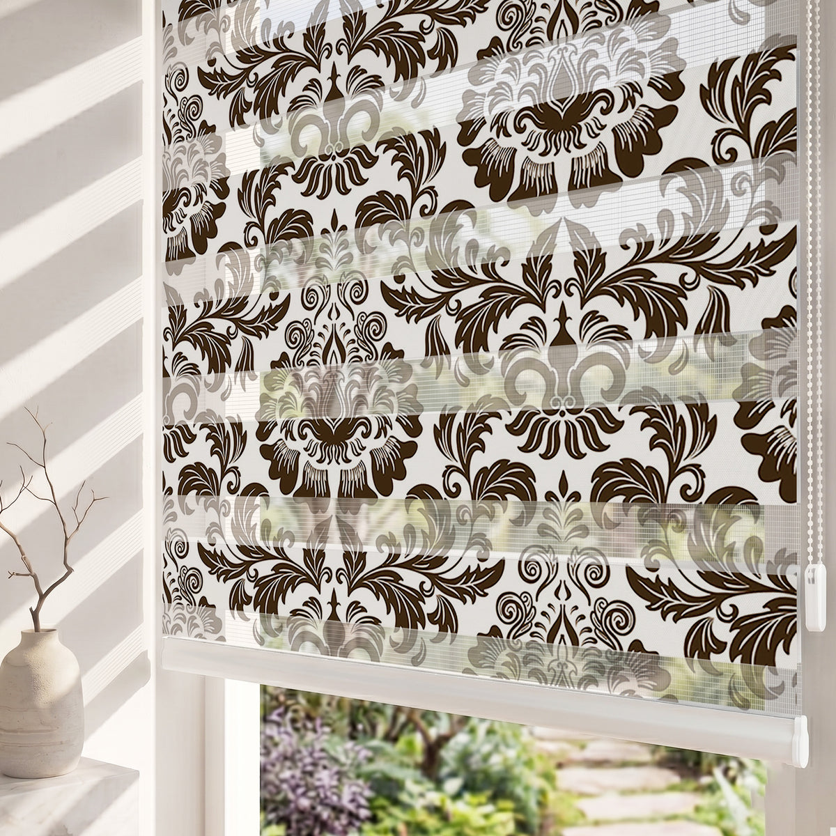 Kahverengi Klasik Damask Motifi Salon Zebra Stor Perde