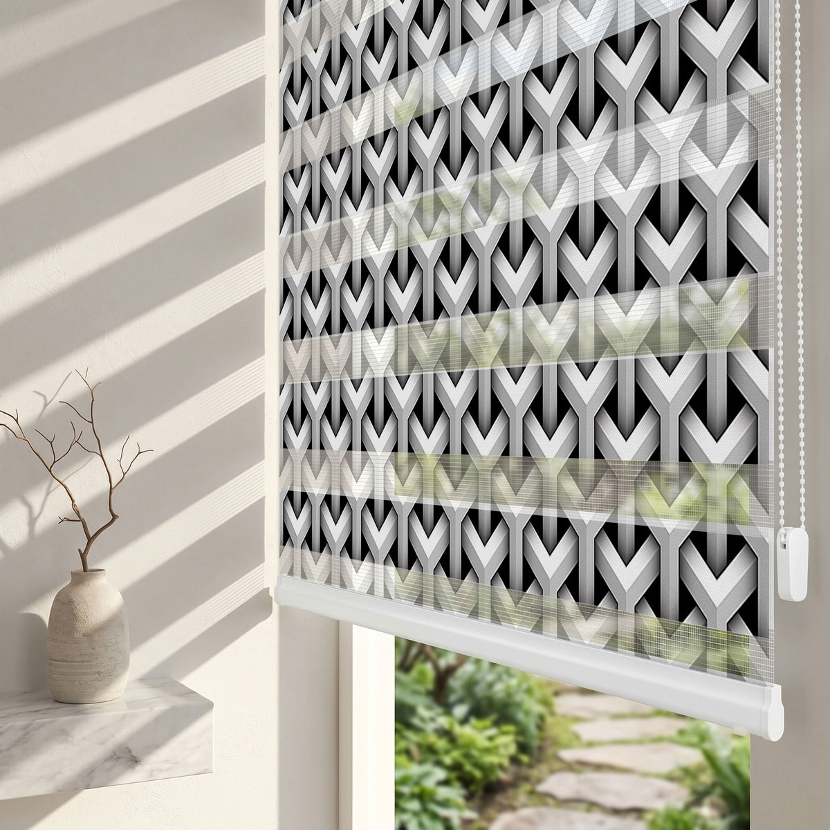 Gri Tonlarda Üç Boyutlu Geometrik Örgü Ofis Zebra Stor Perde – ürün görseli 2