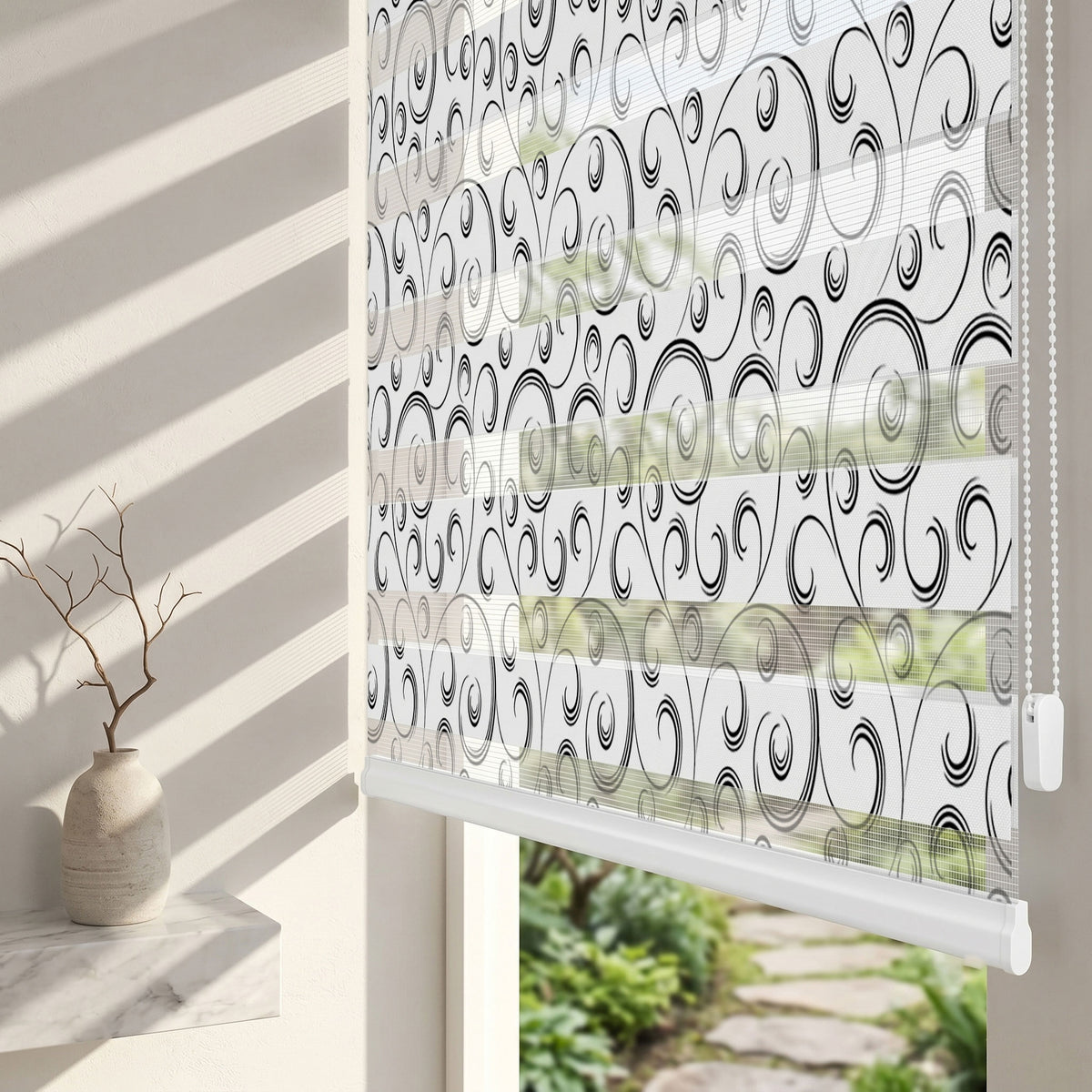 Siyah Kıvrımlı Spiral Motifler Salon Zebra Stor Perde – ürün görseli 2