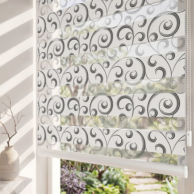 Siyah Kıvrımlı Spiral Motifler Salon Zebra Stor Perde
