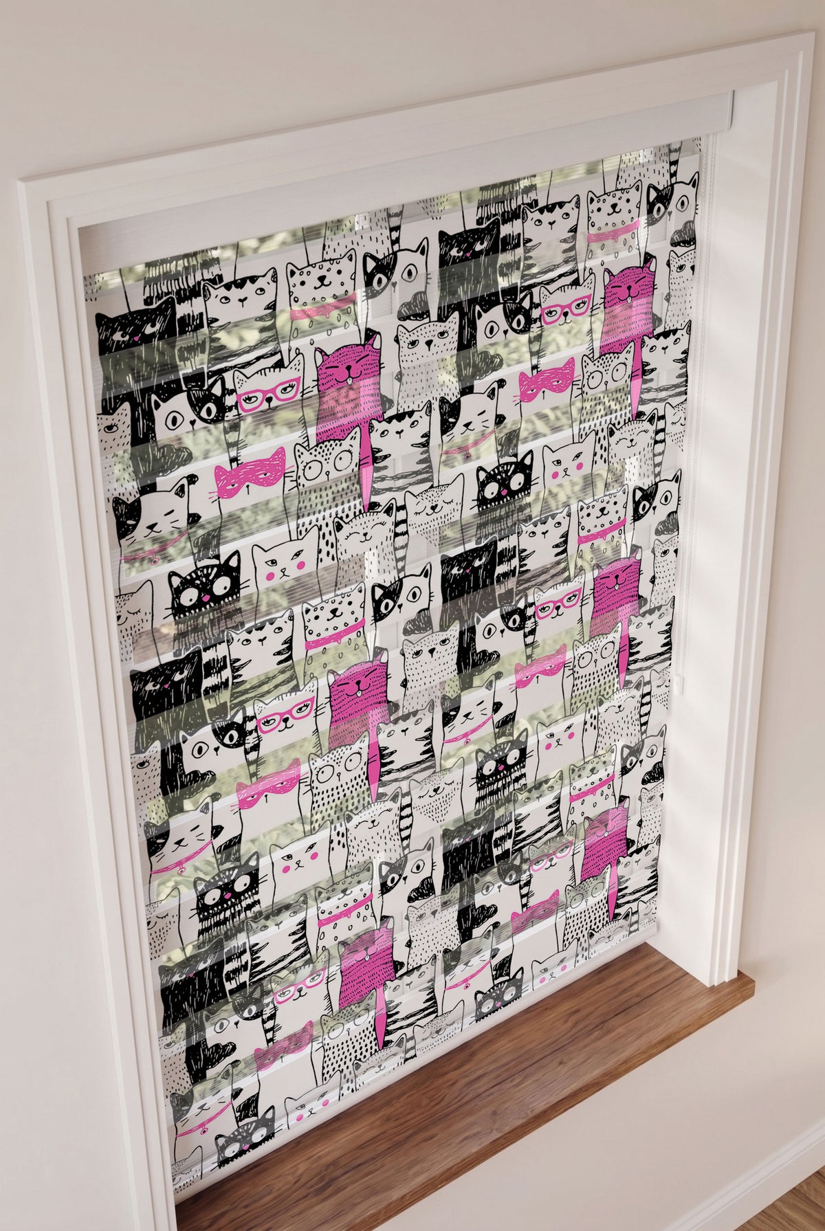Siyah Beyaz Pembe Kedi Kalabalığı Zebra Stor Perde – ürün görseli 3