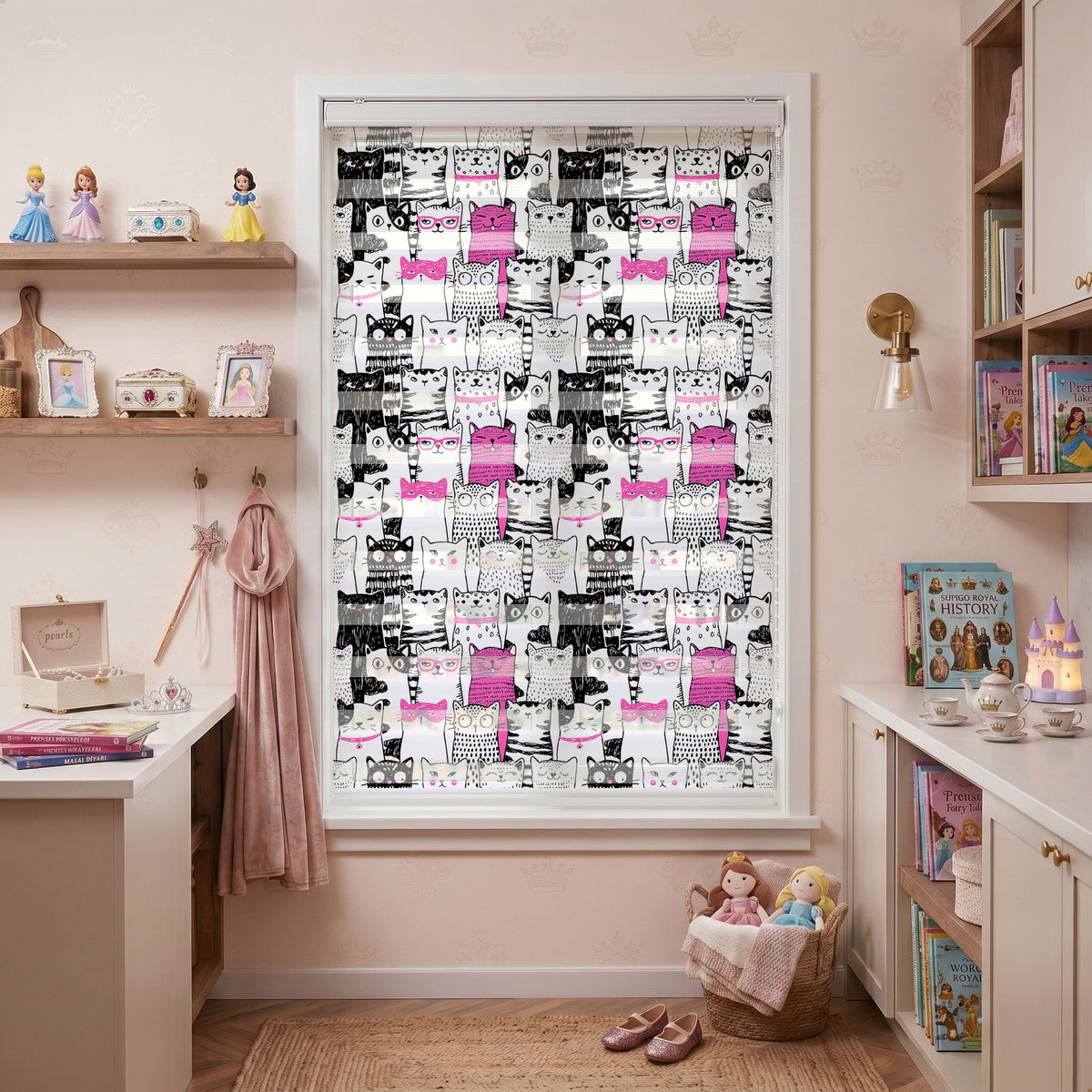 Siyah Beyaz Pembe Kedi Kalabalığı Zebra Stor Perde – ürün görseli 7