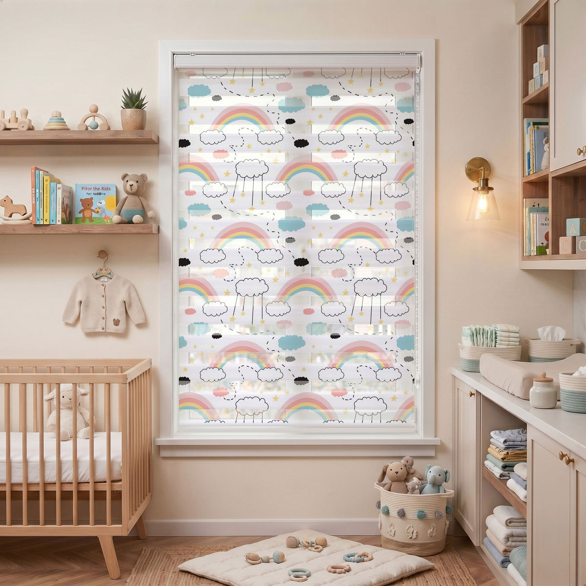 Pastel Gökkuşağı ve Bulutlar Bebek Odası Zebra Stor Perde – ürün görseli 7