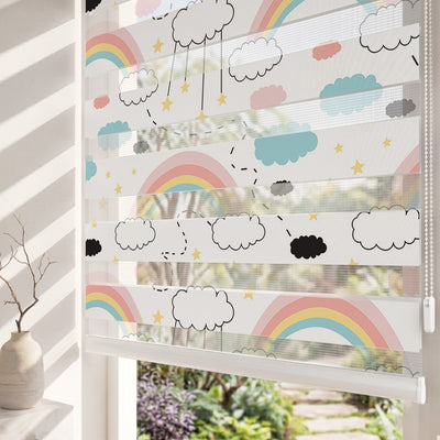 Pastel Gökkuşağı ve Bulutlar Bebek Odası Zebra Stor Perde